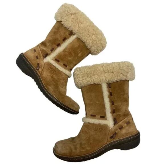 UGG Elijo Leather Sheepskin Boots Shearling Sherpa Mid Calf Warm - Picture 2 of 11